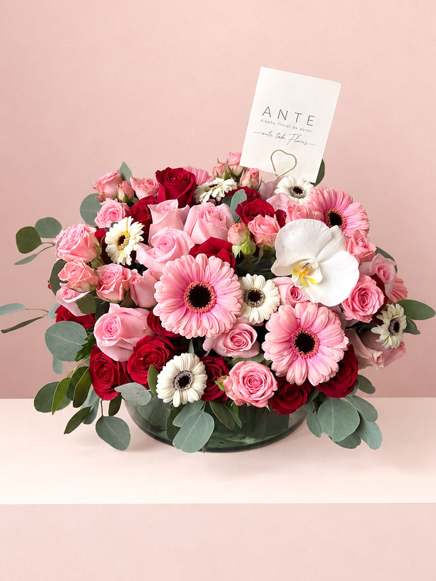 Arreglo floral con rosas rojas, rosas rosas, gerberas y orquídea blanca. Envío a domicilio el mismo día en CDMX. Intenso y romántico.