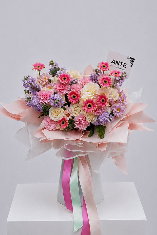 Bouquet de alhelí lila, rosas blancas, claveles y gerberas rosas | ANTE diseño floral de autor