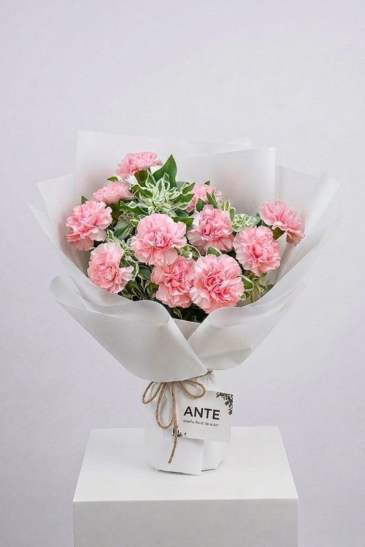 Bouquet de claveles rosas con follaje euphorbia y envoltura blanca | ANTE diseño floral de autor