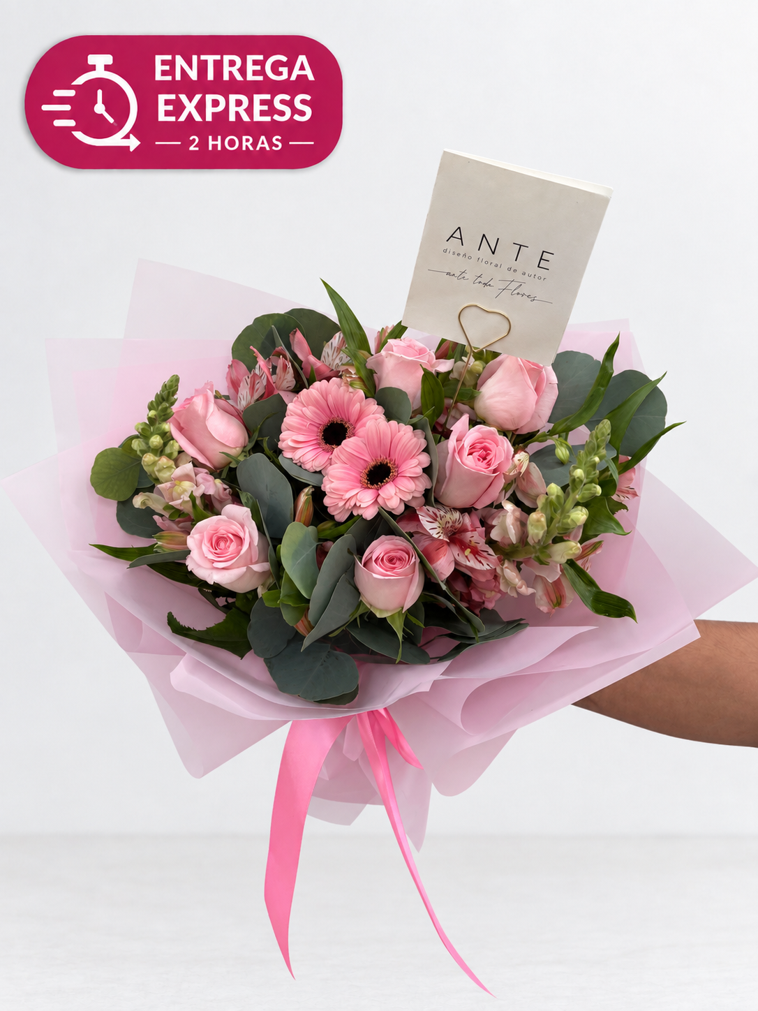 Ramo de rosas rosas, gerbera y alstroemeria envuelto en papel rosa, entrega Express en 2 horas CDMX